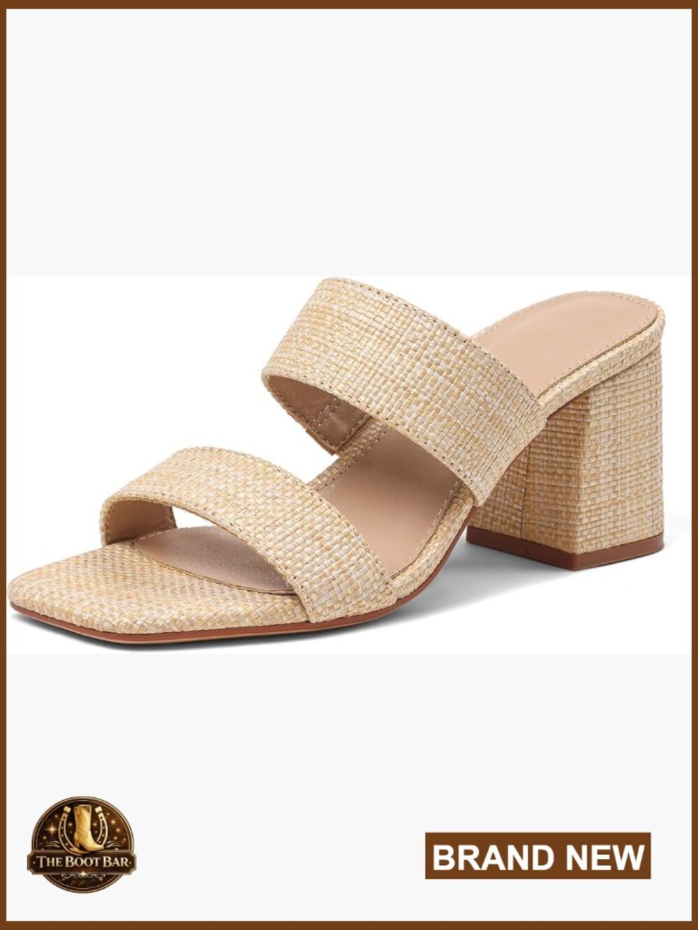 Woven Raffia Block Heel Sandals Square Open Toe Double Strap Slip On